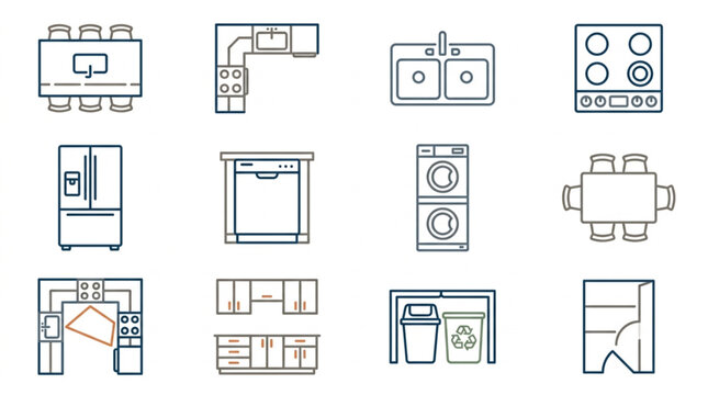 Collection of Kitchen and Home Appliance Icons Top View.