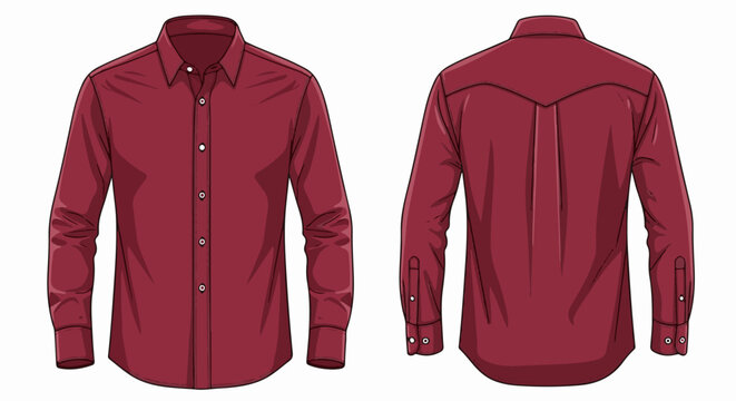 Two views of a long-sleeved maroon button-up shirt, front and back