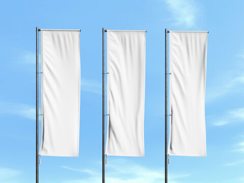 Three blank white outdoor vertical flags on poles mockup with clear blue sky 3d render