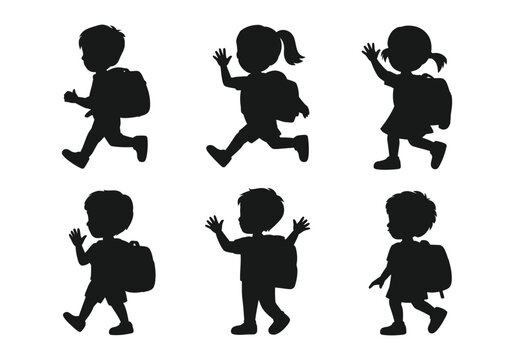 School Kids Silhouette Vector Set. Children Walking with Backpack. Editable Black Illustration Collection