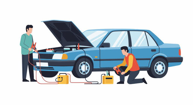 Two people jump-start a blue car with the hood open and cables connected