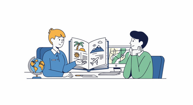 Two people planning a trip at a desk with a globe, open book, and computer map