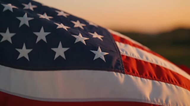 American flag waving gently in the breeze, showcasing vibrant red, white, and blue colors against a soft sunset background with a warm glow illuminating the fabric