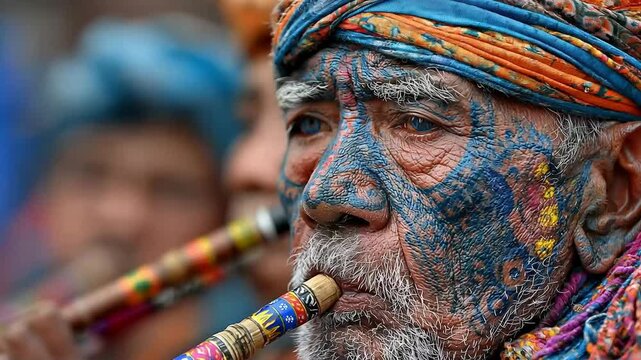 The face of an elder, depicted in the traditional style, serves as a cultural backdrop for articles on heritage, ethnography or the spiritual practices of ancient peoples.
