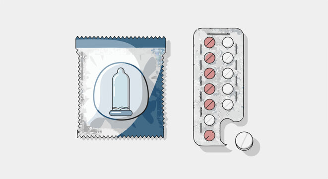 Two healthcare items a condom package and a blister pack of pills with one loose pill