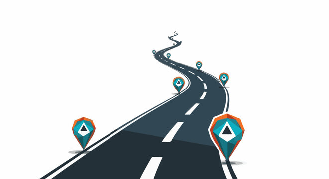 Winding path with map markers on a white background