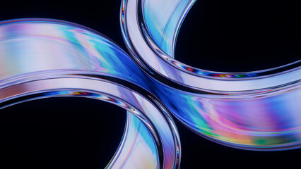 Naklejka na ściany i meble Two Glass Iridescent Rings Intertwined Chromatic Dispersion Black Background 3D Render