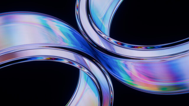 Two Glass Iridescent Rings Intertwined Chromatic Dispersion Black Background 3D Render