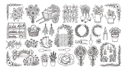 Obraz premium Vintage garden line art collection, rustic hand drawn gardening icons and floral elements, black and white botanical vector set for cottagecore design