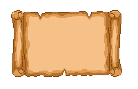 Game asset pixel art horizontal paper scroll or parchment banner. Blank retro document roll for fantasy RPG games. Isolated 8-bit ancient paper texture for game user interface, map, and quest messages