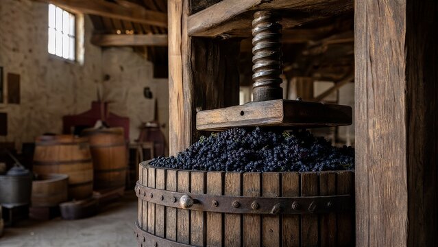 A traditional wooden grape press in a winery, pressing dark grapes.