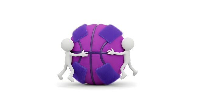 Two characters hugging a large purple fuzzy ball