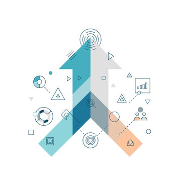 Abstract illustration of two arrows merging into one, symbolizing growth and collaboration with data visualization elements.