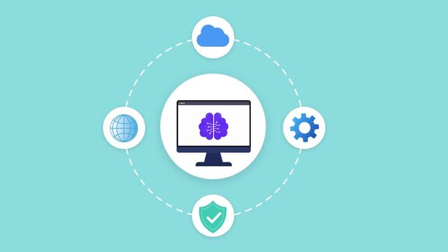 Animated flat technology dashboard featuring cloud security, connected digital services, and centralized workflow interface in a modern network ecosystem.