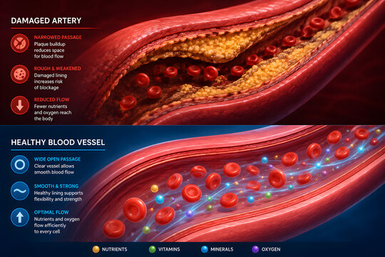 Damaged artery healthy blood vessel comparison showing plaque buildup, cardiovascular disease infographic with red blood cells, atherosclerosis risk, cholesterol blockage, anatomy, circulation