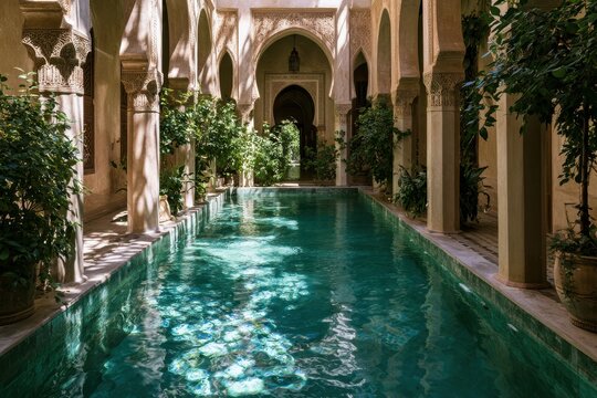Turquoise riad pool glistening under sunlight within a lush courtyard featuring ornate stone arches for hospitality and tourism marketing