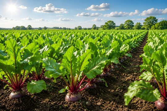 Beetroot plants growing in agricultural field, green leafy vegetable crop rows on fertile farmland soil, organic root farming, rural harvest plantation, sustainable agriculture cultivation under blue 