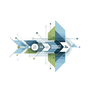 Abstract geometric product roadmap infographic with interconnected elements and data flow.