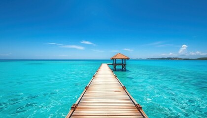 Fototapeta premium Wooden pier extending into turquoise ocean toward tropical hut symbolizing vacation relaxation coastal travel adventure and peaceful seaside paradise under sunny sky