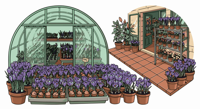 Vibrant purple crocuses bloom outside a greenhouse and a charming flower shop display
