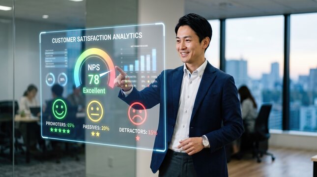 Customer satisfaction analytics dashboard with NPS data, businessman interacting with digital interface, futuristic business intelligence and feedback metrics