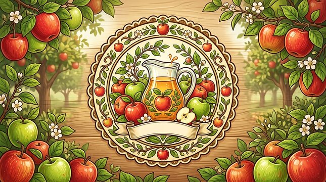 Vintage Style Apple Cider Illustration in Sunny Orchard
