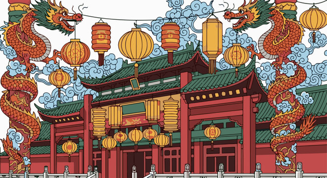 Vivid Chinese dragons flank a traditional temple adorned with festive lanterns
