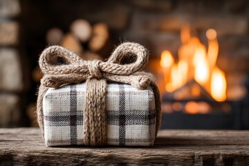 Obraz premium Gift box with classic plaid pattern and twine bow placed on a rustic wooden surface near a warm fireplace