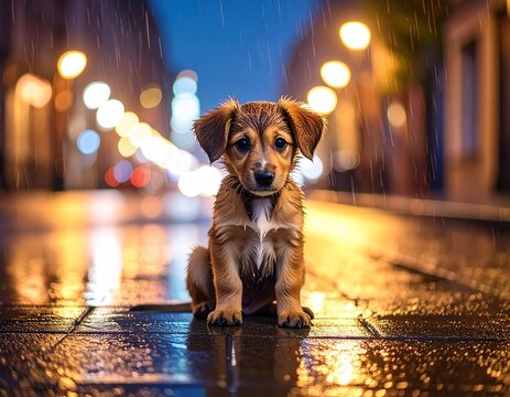 A small, lonely puppy sitting in the rain on a city street, wet fur texture