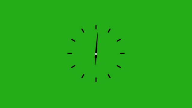 Clock spinning, watch animation on green background with alpha channel. Clock icon flat style. 12 hours clock dial. motion graphic of Analog clock spinning concept. 4k video
