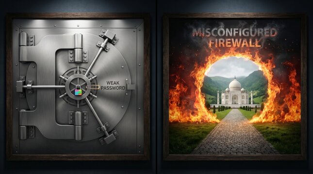 Misconfigured firewall and risk management concept shown with a weak password vault and a fiery portal to the Taj Mahal