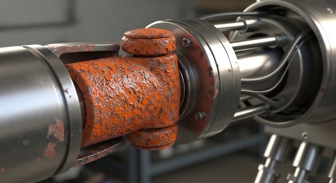 Close-up of a rusty pipe joint inside a machine.