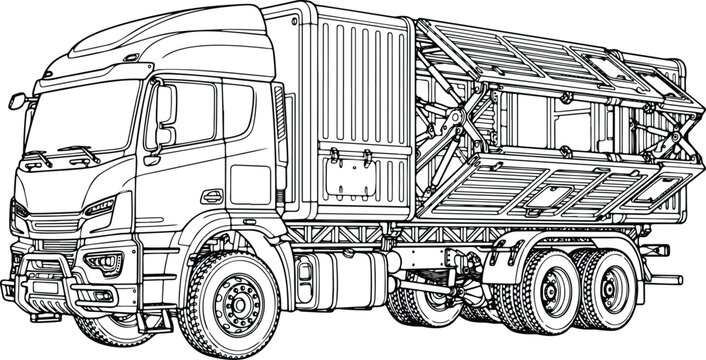 Expandable modular cargo truck line art illustration, heavy duty transport vehicle for logistics and supply chain concepts