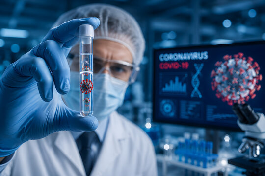 Scientist holding laboratory test tube, coronavirus COVID19 vaccine medical research and infectious disease investigation, biomedical laboratory scientist examining viral sample, pandemic research, ph