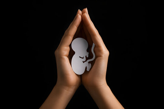 Pregnancy protection, hands holding fetus silhouette with care, unborn baby and maternal health concept, prenatal care, pregnancy support, childbirth, fertility, motherhood, family planning, reproduct