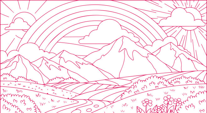 Beautiful landscape illustration with mountains rainbow sun and clouds line art for coloring page.