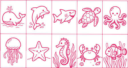 Adorable set of sea life characters including whale dolphin shark turtle octopus jellyfish starfish. © Sadhin