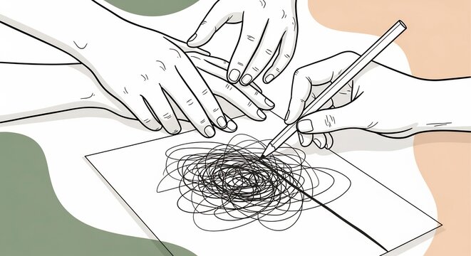 Hands drawing a chaotic scribble with a pencil symbolizing confusion.