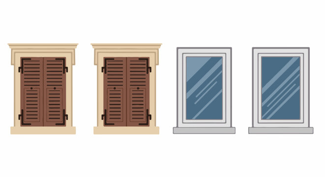 Two rustic brown shuttered windows flank two modern glass pane windows