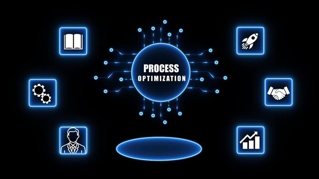 Digital concept of Process with interconnected icons and glowing central circle security data protection,technology.4k animation