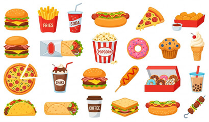 Fast junk food vector set with burgers pizza fries and tasty snack icons