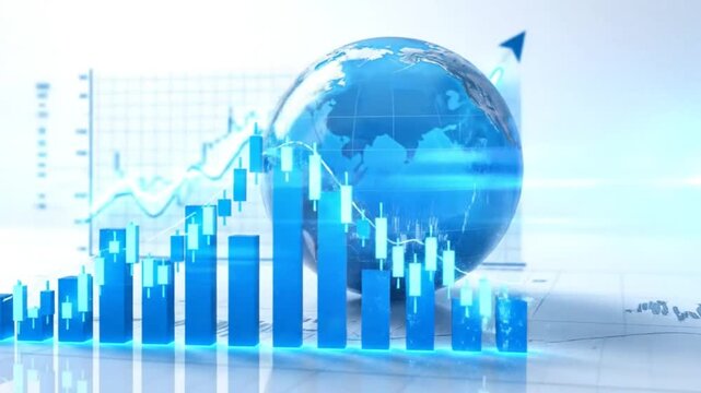 A globe with financial charts and graphs representing global business data