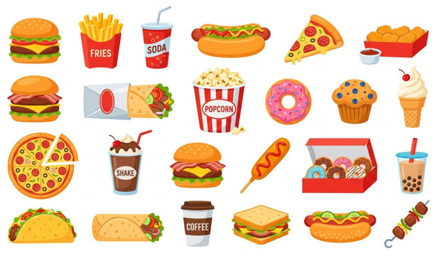 Fast junk food vector set with burgers pizza fries and tasty snack icons