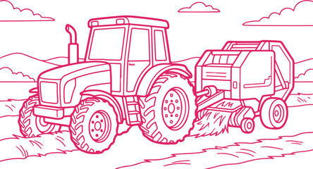 Farm tractor with baler equipment on agricultural field outline drawing for coloring book activity. © Sadhin