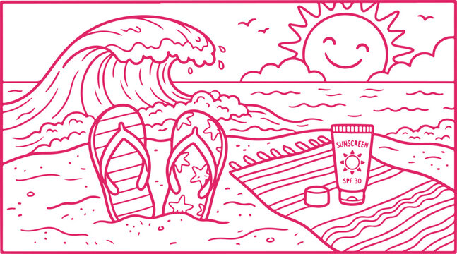 Summer beach scene with ocean wave flip flops and sunscreen on towel outline vector illustration.