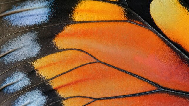 Butterfly wing close-up, vibrant orange, nature texture, detailed veins, background blurred. Use Nature, design