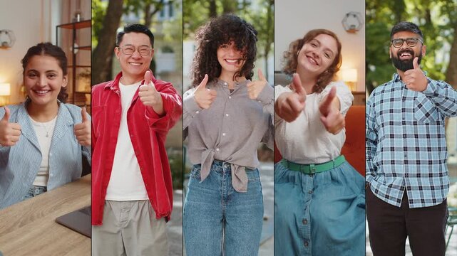 Like. Collage of smiling happy people diverse gender, different ages, ethnicity raises thumbs up sign gesture, gives positive reply, recommends good idea feedback, celebrating victory, approve, agree.