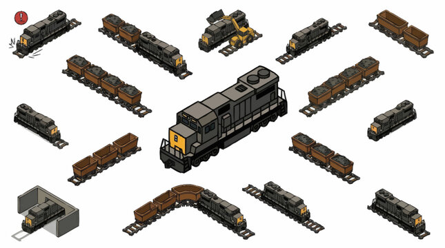 Collection of isometric freight trains and cargo cars.