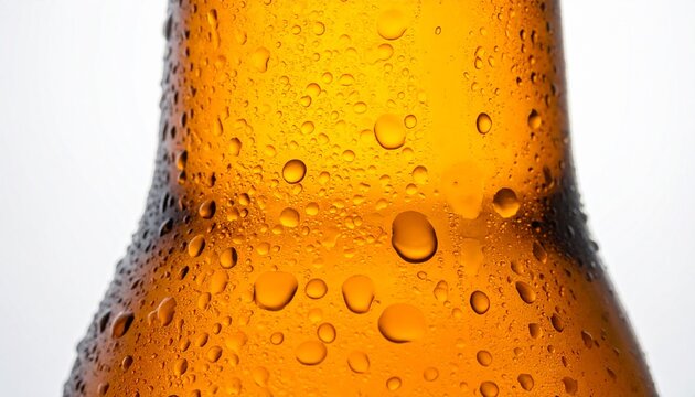Close-up of a cold amber bottle covered in glistening water droplets and condensation, highlighting the refreshing chill and textured surface