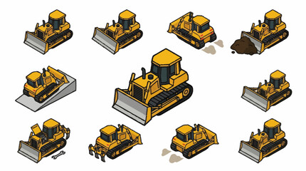 Collection of Yellow Bulldozer Construction Vehicles Isometric View. © Agu